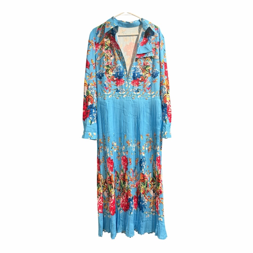 Women's XL Blue Floral Maxi Dress Pleated Boho Butterfly Print Sample Boutique.